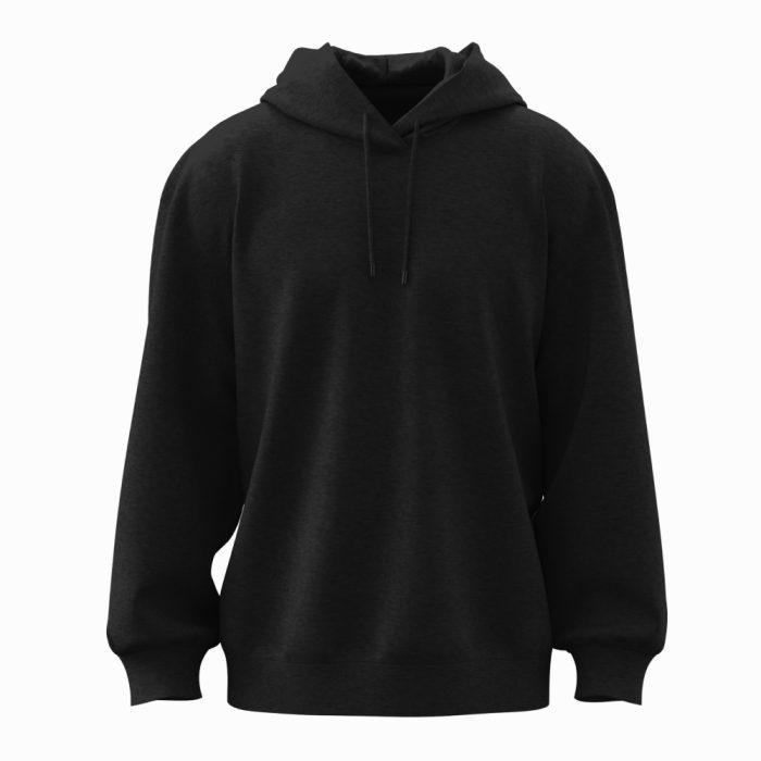 Zwarte sweat pullover hoodie met capuchon en lange mouwen, vooraanzicht.