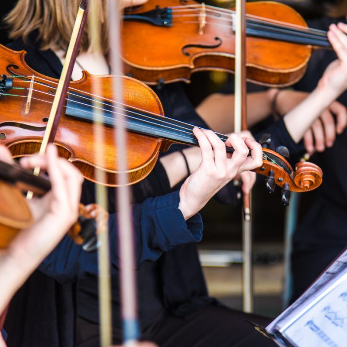 Vioolsectie speelt tijdens een live optreden van Symfonie Geluiden.