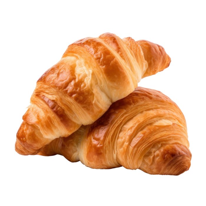 Twee goudbruine Franse croissants, glanzend en boterzacht, op een witte achtergrond.