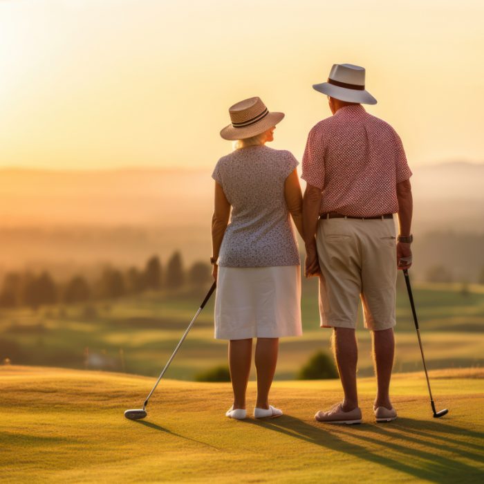 Oudere paar genietend van zonsondergang tijdens een golfronde, ideaal voor recreatieve golfers.