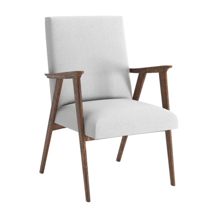 Moderne witte stoel met strak design en houten armleuningen.